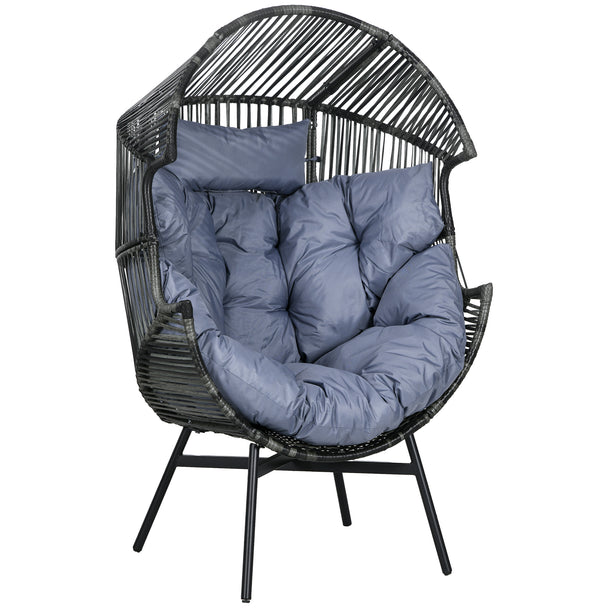 Grey and black string rattan egg chair with thick seat cushion and headrest