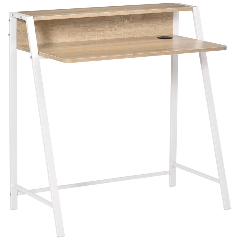 White and oak 84 cm compact writing desk with raised back shelf on a steel frame