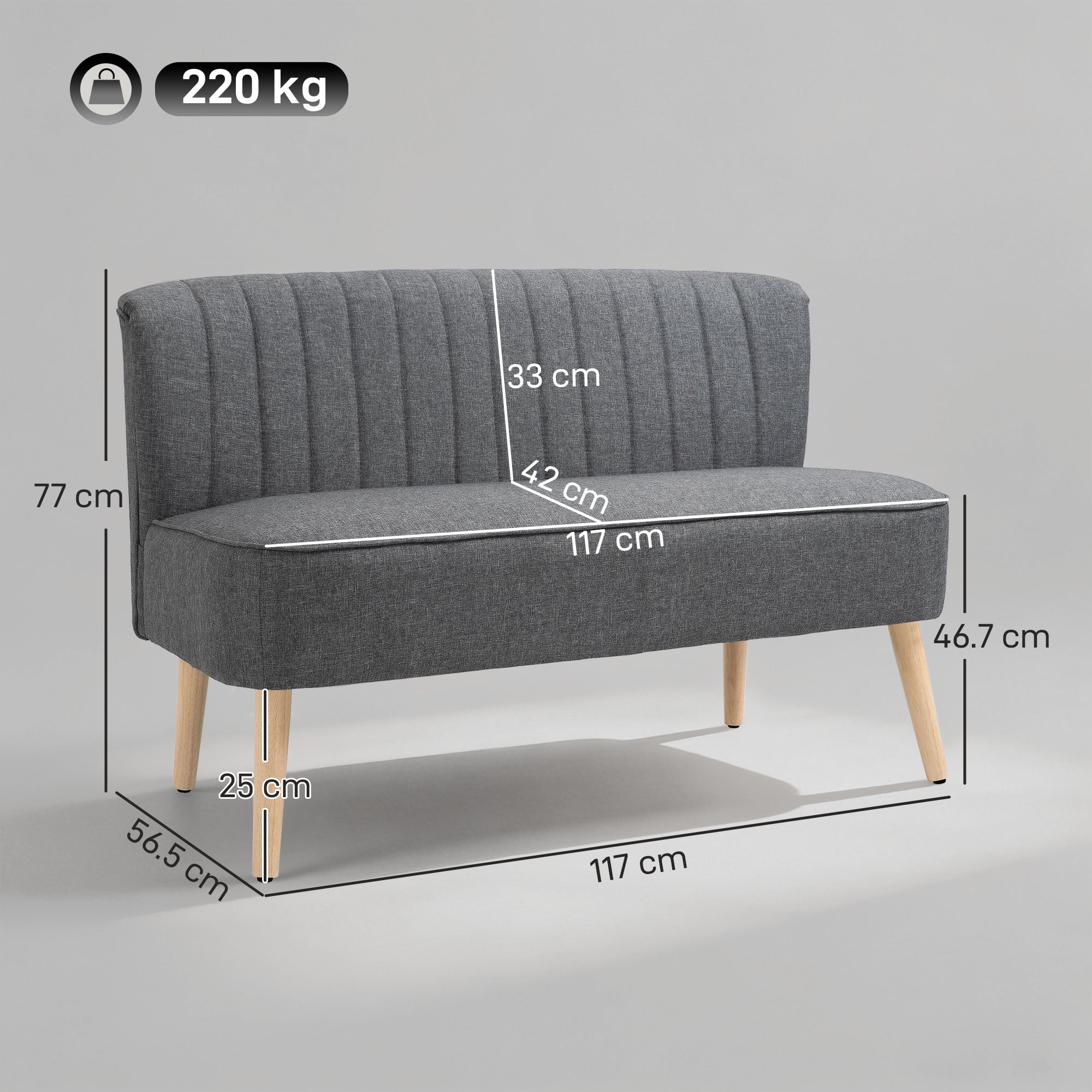117cm Loveseat Sofa Upholstered Small 2 Seater Sofa with Thick Padded Seat and Rubber Wood Legs, Grey