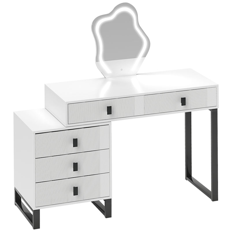 White dressing table with leaf-shaped LED mirror, five drawers and metal frame