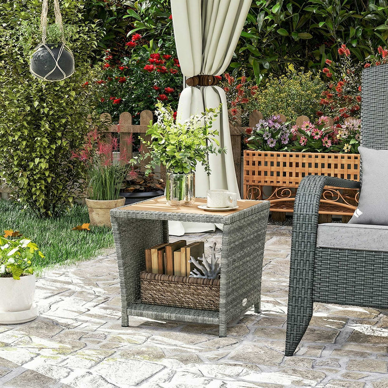 Outsunny Side Table 2-Tier Outdoor Coffee Table with Storage Shelf PS Wood Slat Top/Light Grey – view 10