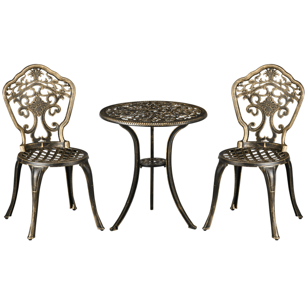 Bronze cast aluminium bistro set with floral cut-out chairs and round table with parasol hole