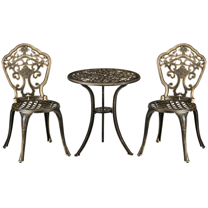 Bronze cast aluminium bistro set with floral cut-out chairs and round table with parasol hole