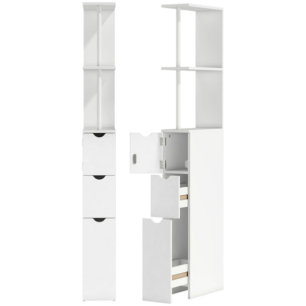 Slim tall white bathroom cabinet with two open shelves, small cupboard and two drawers