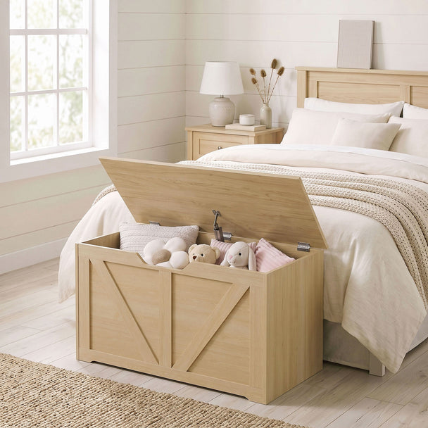 HOMCOM 100L Home Storage Box, with Safety Hinge - Nature Wood Finish – view 2