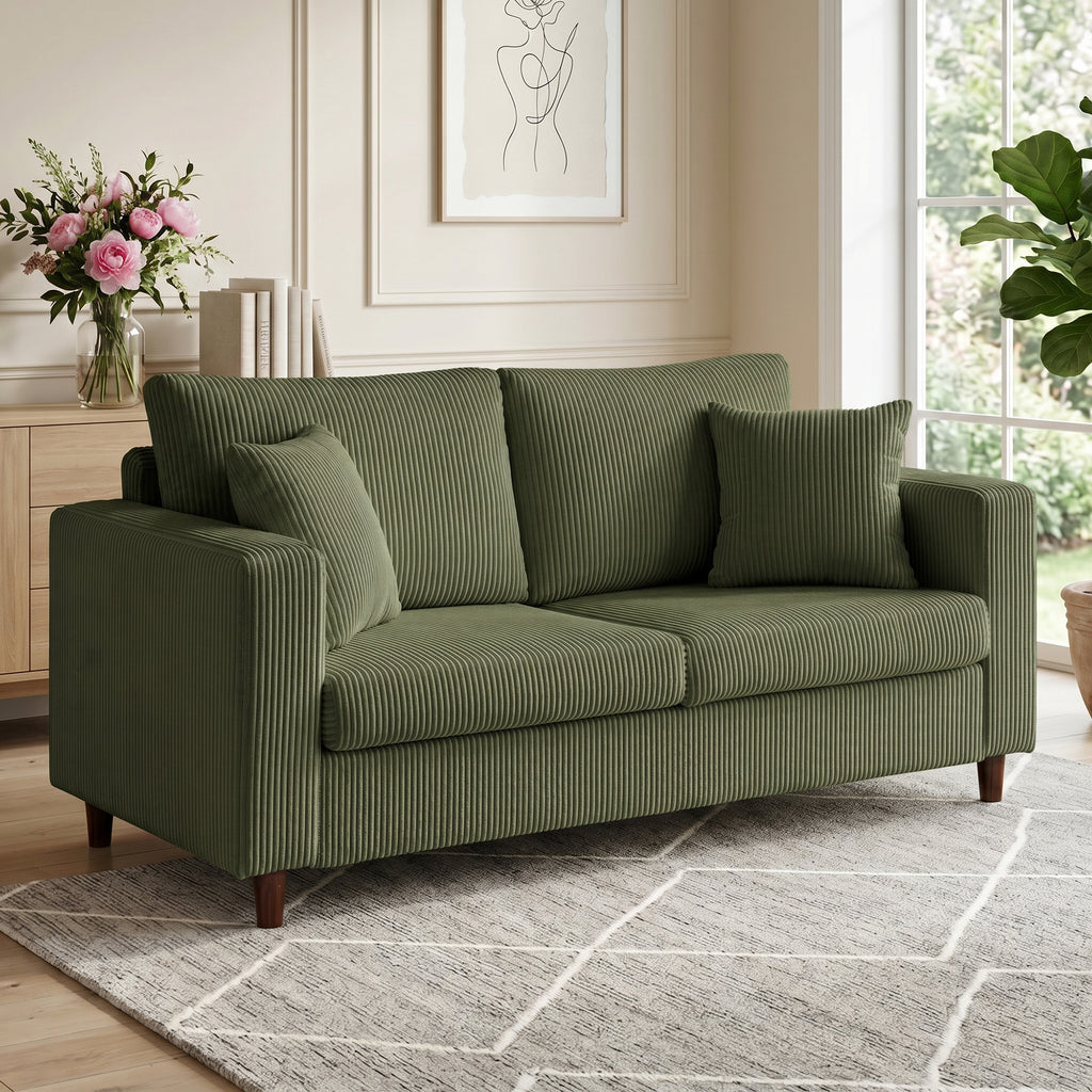 Loveseat Sofa with Wide Seat, Corduroy 2 Seater Couch with Deep Seat, Spring Cushion, Green