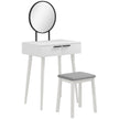Compact white 60 cm dressing table with round mirror, two drawers and matching stool