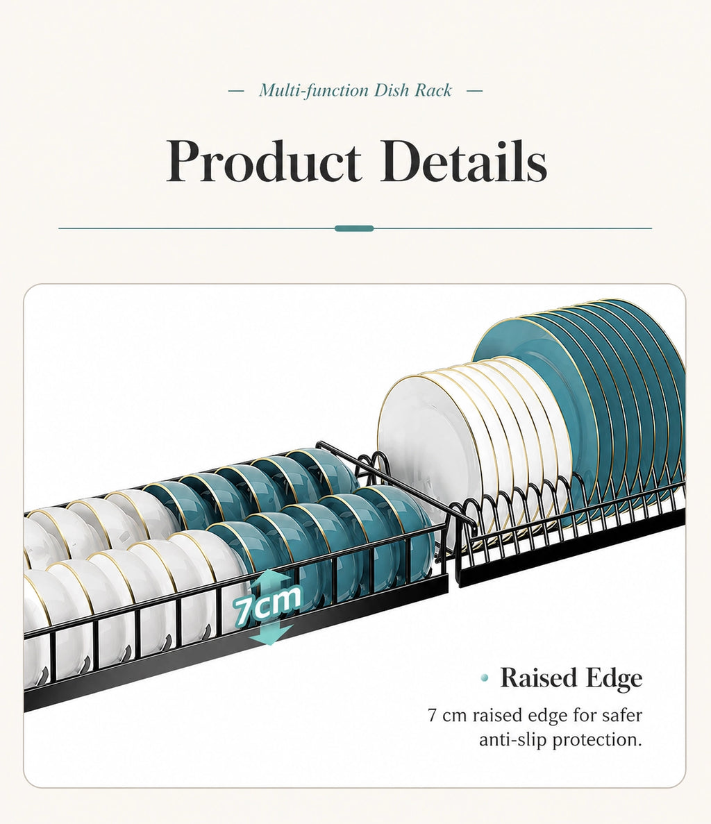 Multi-function dish rack with raised edge feature on a white background