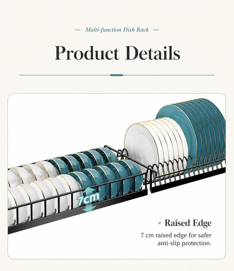 Multi-function dish rack with raised edge feature on a white background