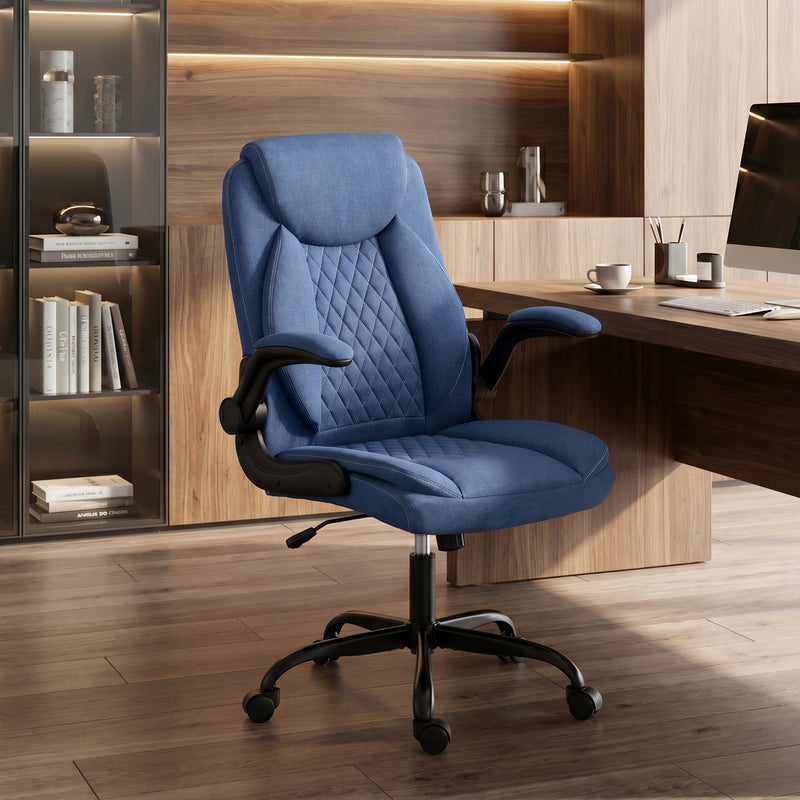 HOMCOM Linen-Look Computer Desk Chair, Executive Office Chair with Flip-Up Armrests and Thick Cushion, Blue – view 8