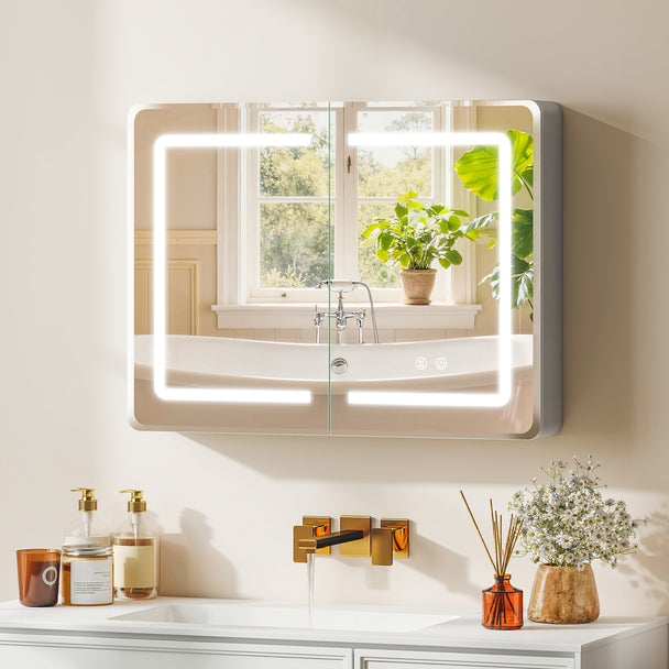 HOMCOM Mirrored Bathroom Cabinet with LED Lights, 60 x 80 cm Bathroom Mirror Cabinet with Anti-Fog, 3 Colour Dimmable – view 2