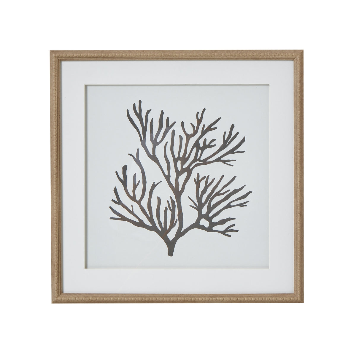 Reef coral art in a beaded wood-tone frame, front view