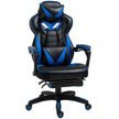 Black and blue faux leather racing gaming chair with headrest, lumbar pillow and extended footrest