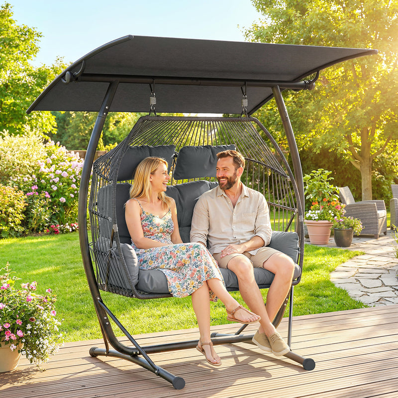 Outsunny Double Hanging Egg Chair with Canopy, Rattan Garden Egg Swing Chair with Cushion, Stand for Indoor Outdoor – view 9