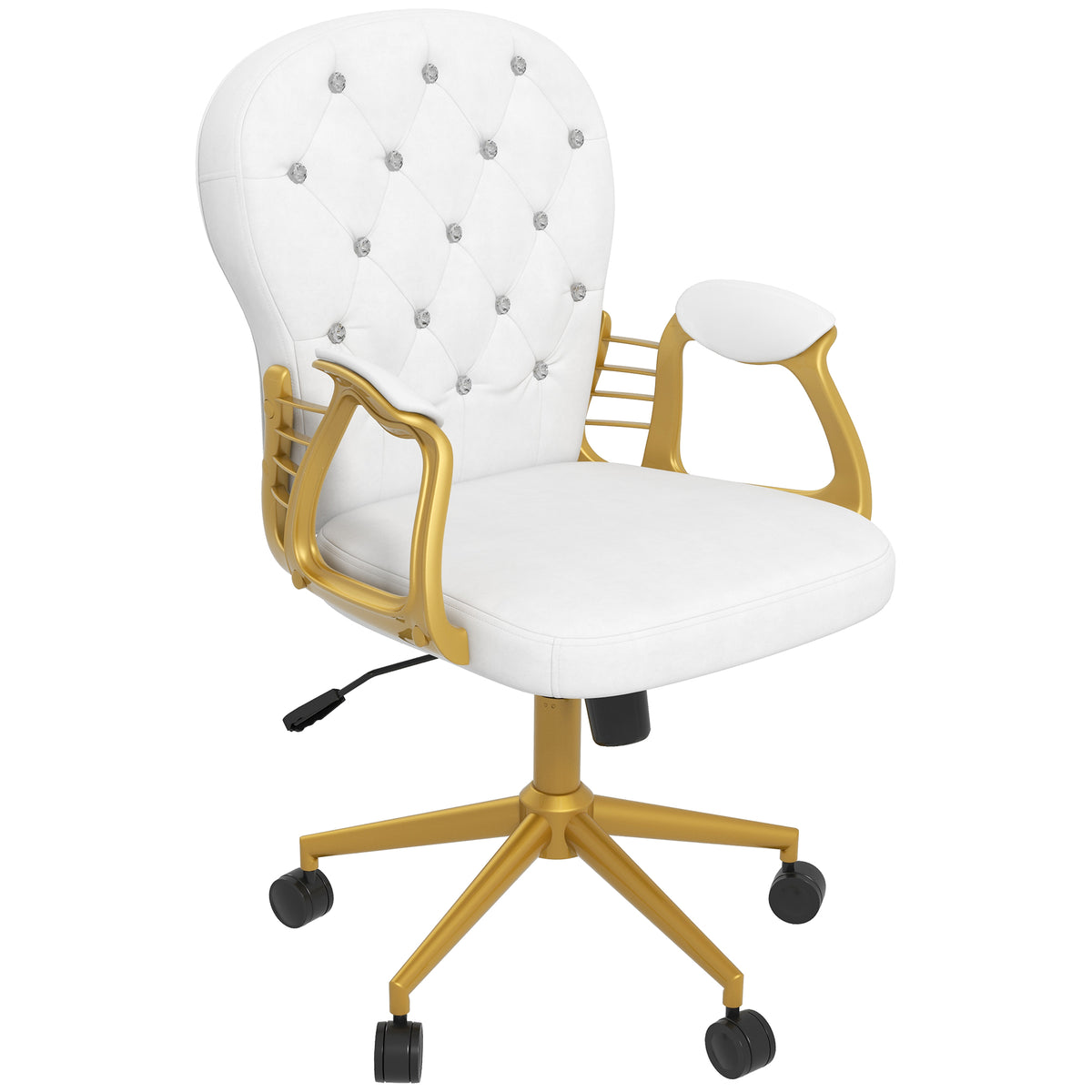 Cream white velvet home office chair with diamante button tufting, padded armrests and swivel wheels