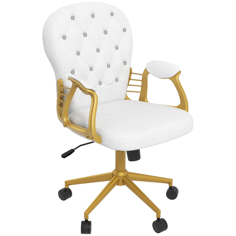 Cream white velvet home office chair with diamante button tufting, padded armrests and swivel wheels