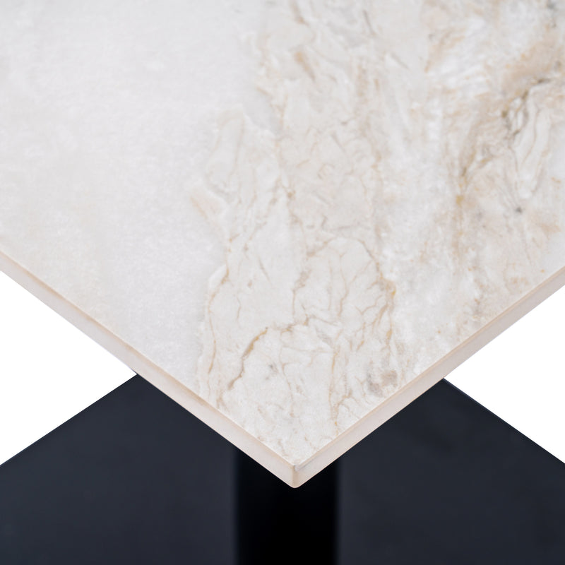 Close-up of the white veined stone-finish top corner