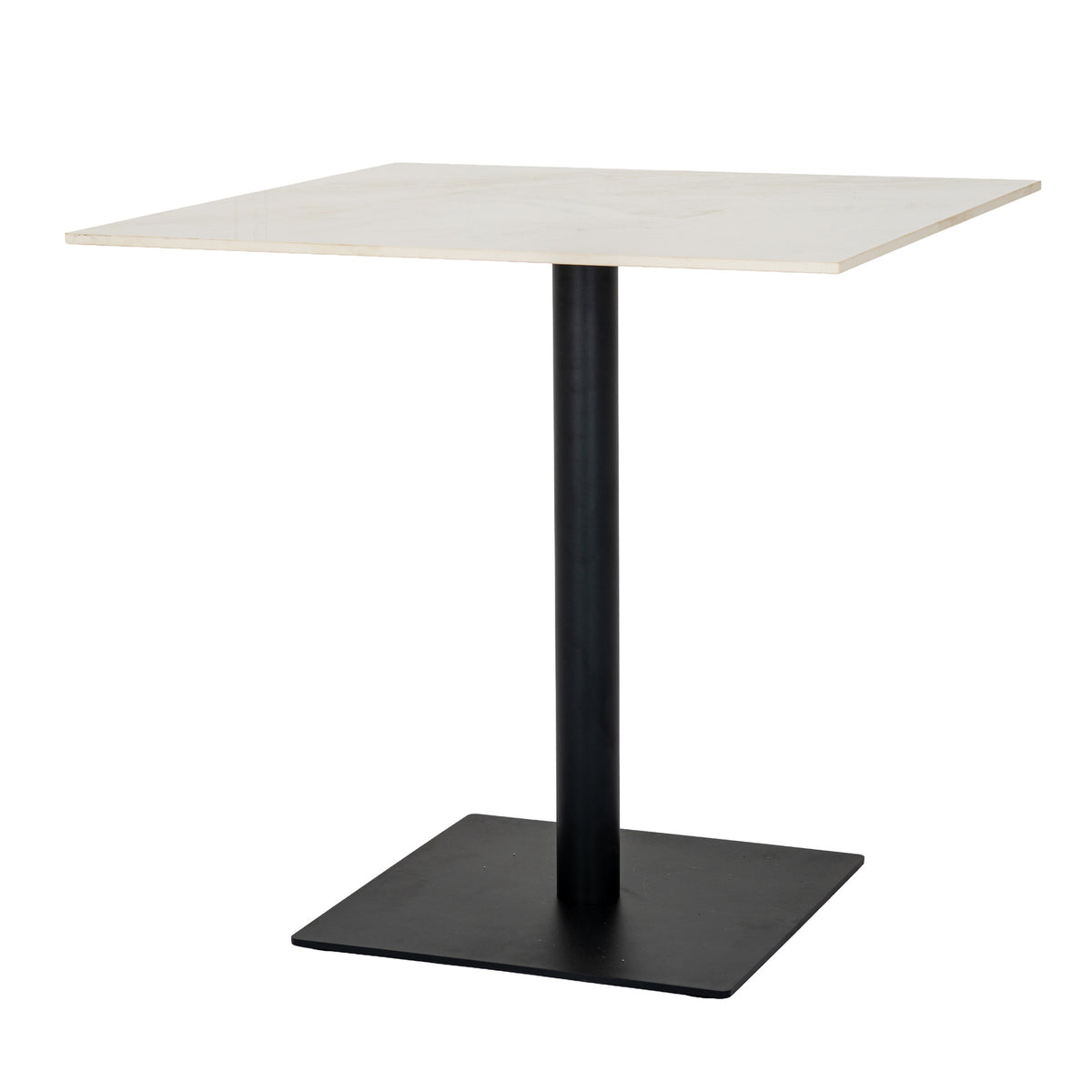 Romanby square white stone-top dining table with black base