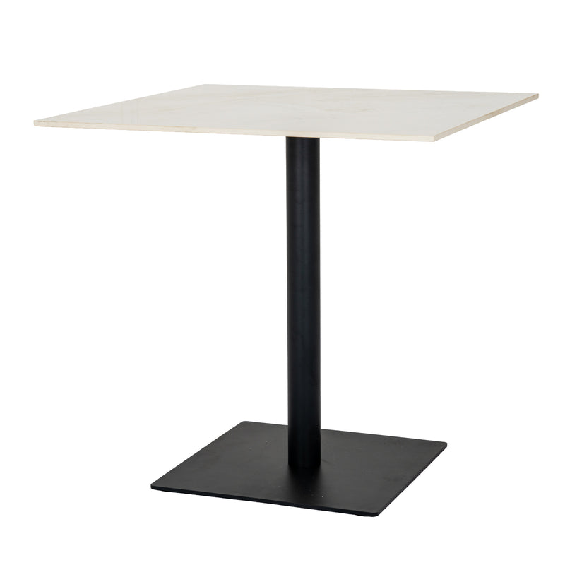 Romanby square white stone-top dining table with black base