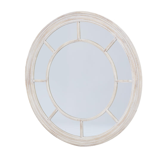 Round window mirror shown from an angle