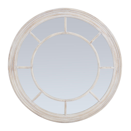 Round whitewashed wood window mirror, front view