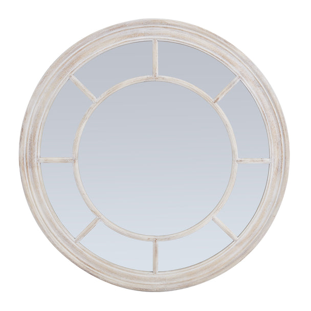 Round whitewashed wood window mirror, front view
