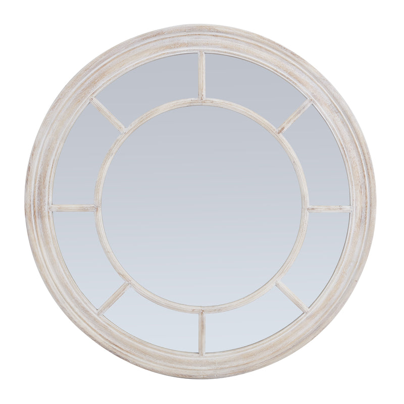 Round whitewashed wood window mirror, front view