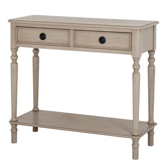 Rowan two-drawer console table with shelf, front view