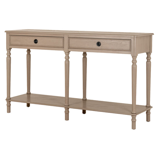 Rowan large two-drawer console with shelf, angled view