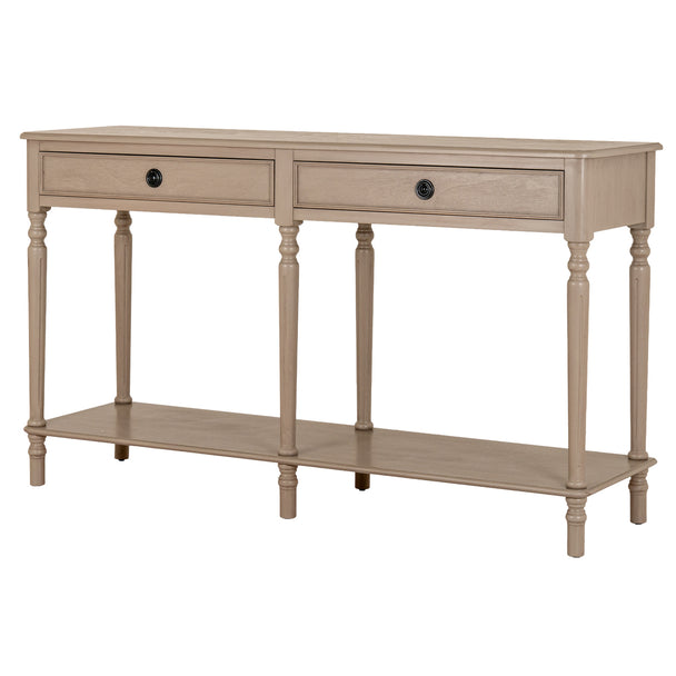 Rowan large two-drawer console with shelf, angled view