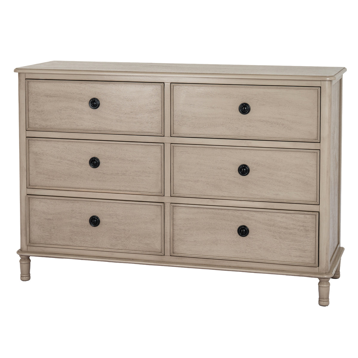 Rowan six-drawer wooden chest in greige on white