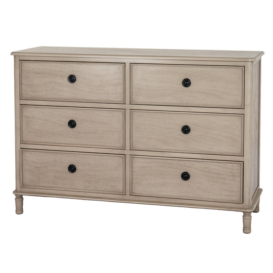 Rowan six-drawer wooden chest in greige on white
