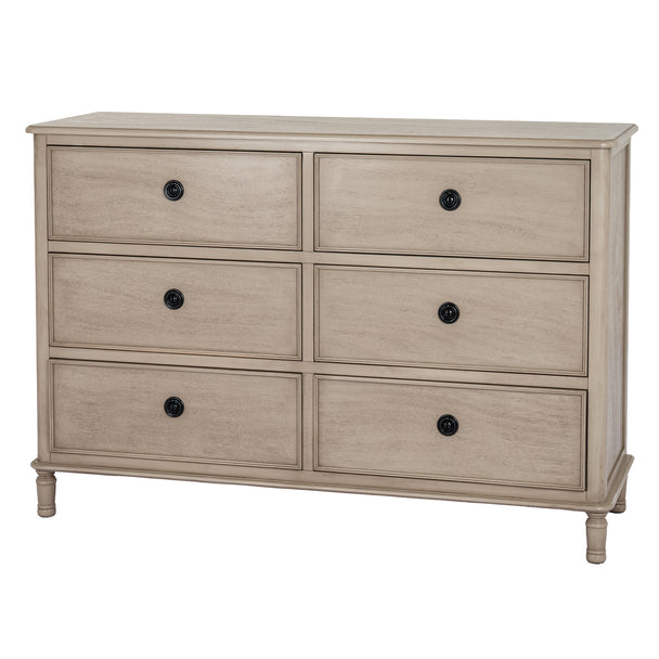 Rowan six-drawer wooden chest in greige on white