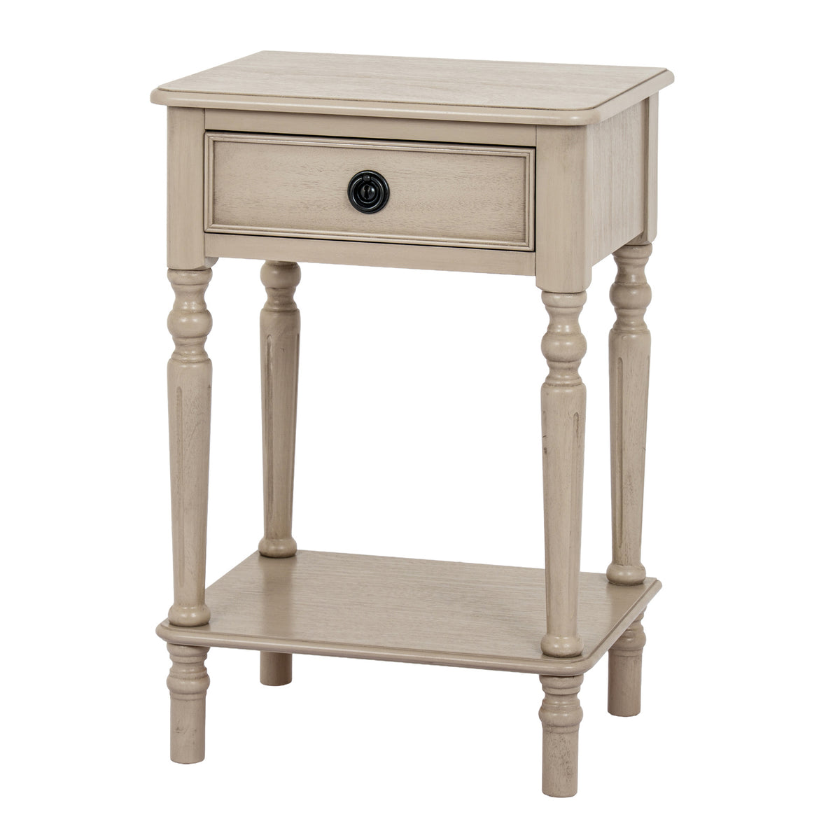Rowan pale stone side table with drawer and shelf