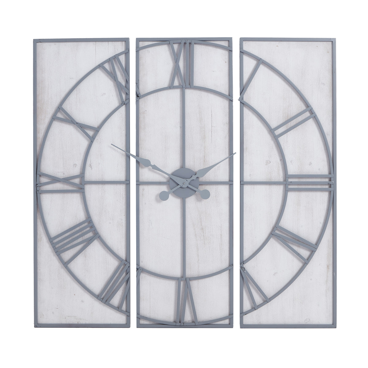 Roza three-panel grey metal and whitewashed wood wall clock