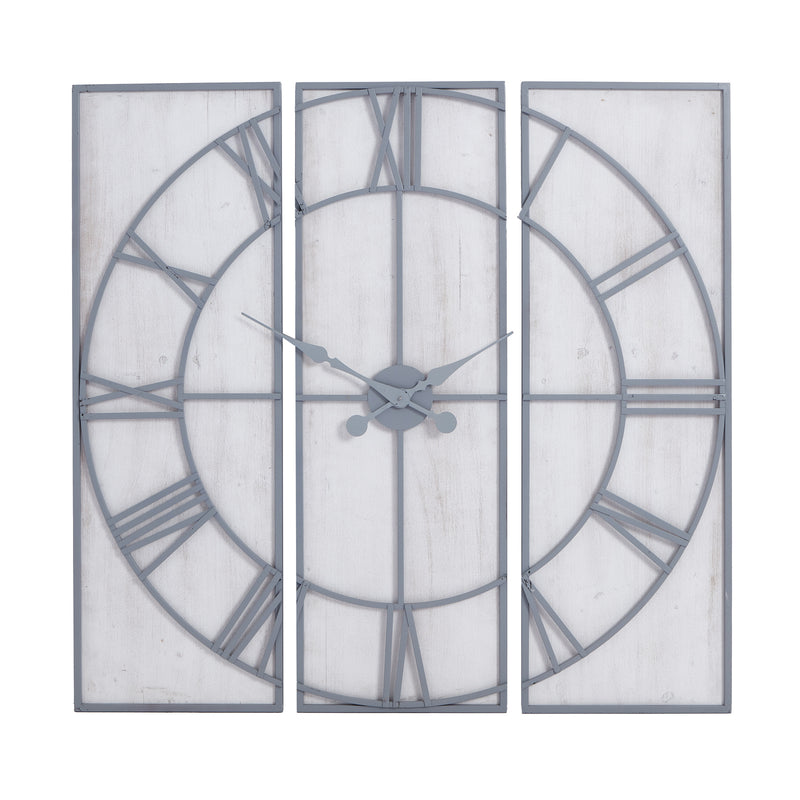 Roza three-panel grey metal and whitewashed wood wall clock