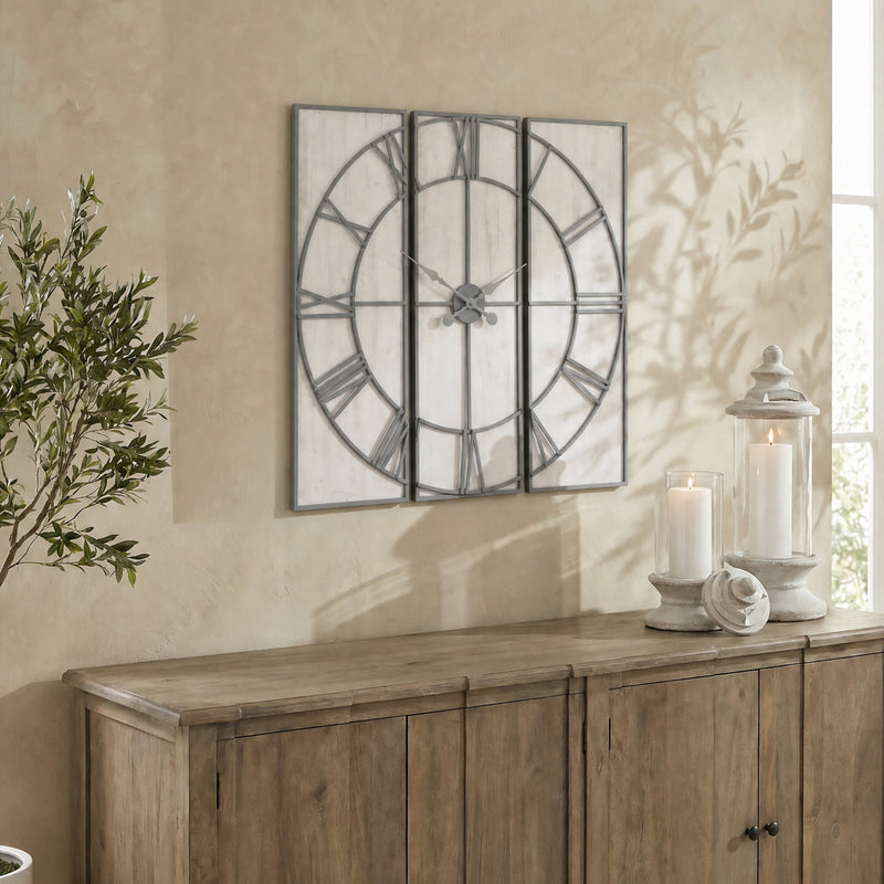 Roza panelled clock above a wooden sideboard