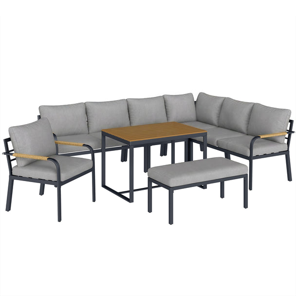 Outsunny 7 Seater Garden Furniture Set, Metal Garden Sofa Set with Cushions, Outdoor Furniture Conversation Sets, Light