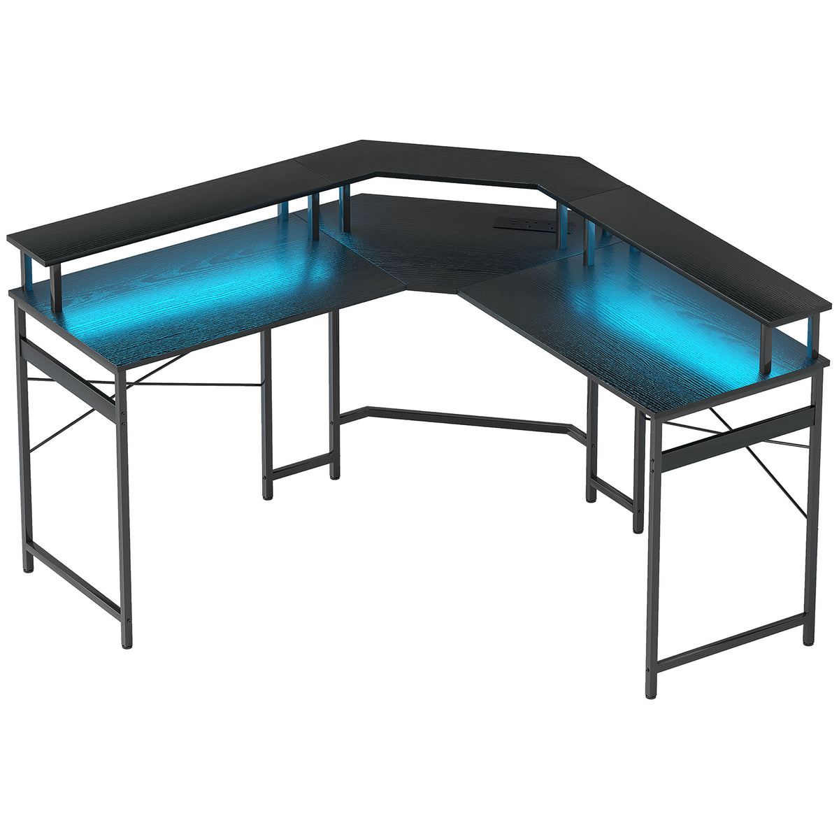 Black L-shaped corner desk with blue LED lighting and raised monitor shelf
