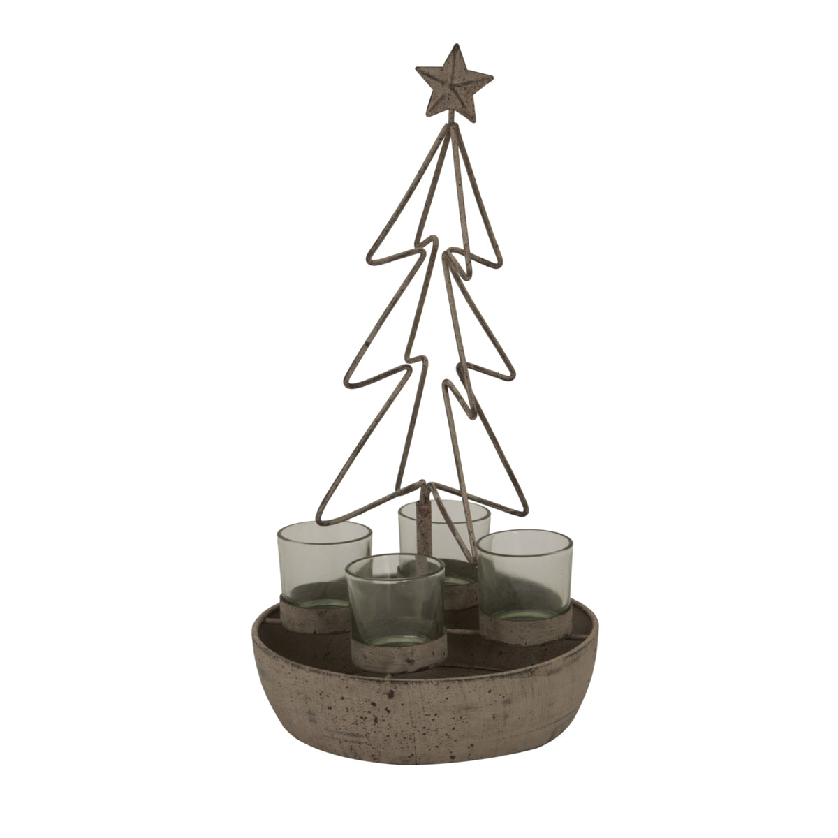 Rustic bronze wire Christmas tree with four glass votives