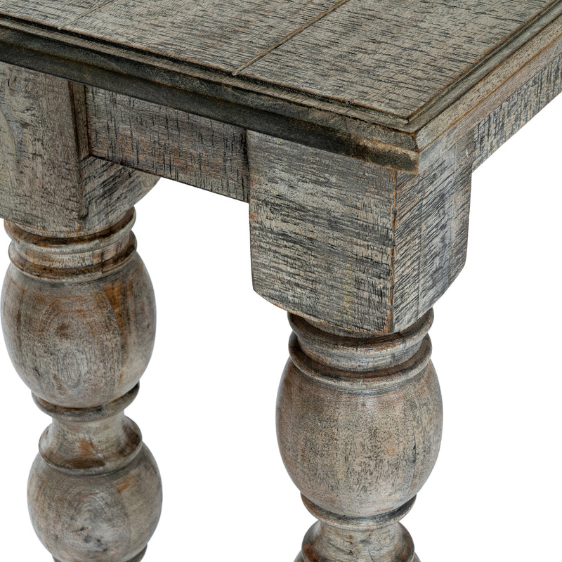 Close-up of the turned leg and weathered top