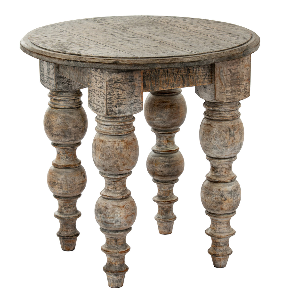 Rutland weathered wood round side table with turned legs
