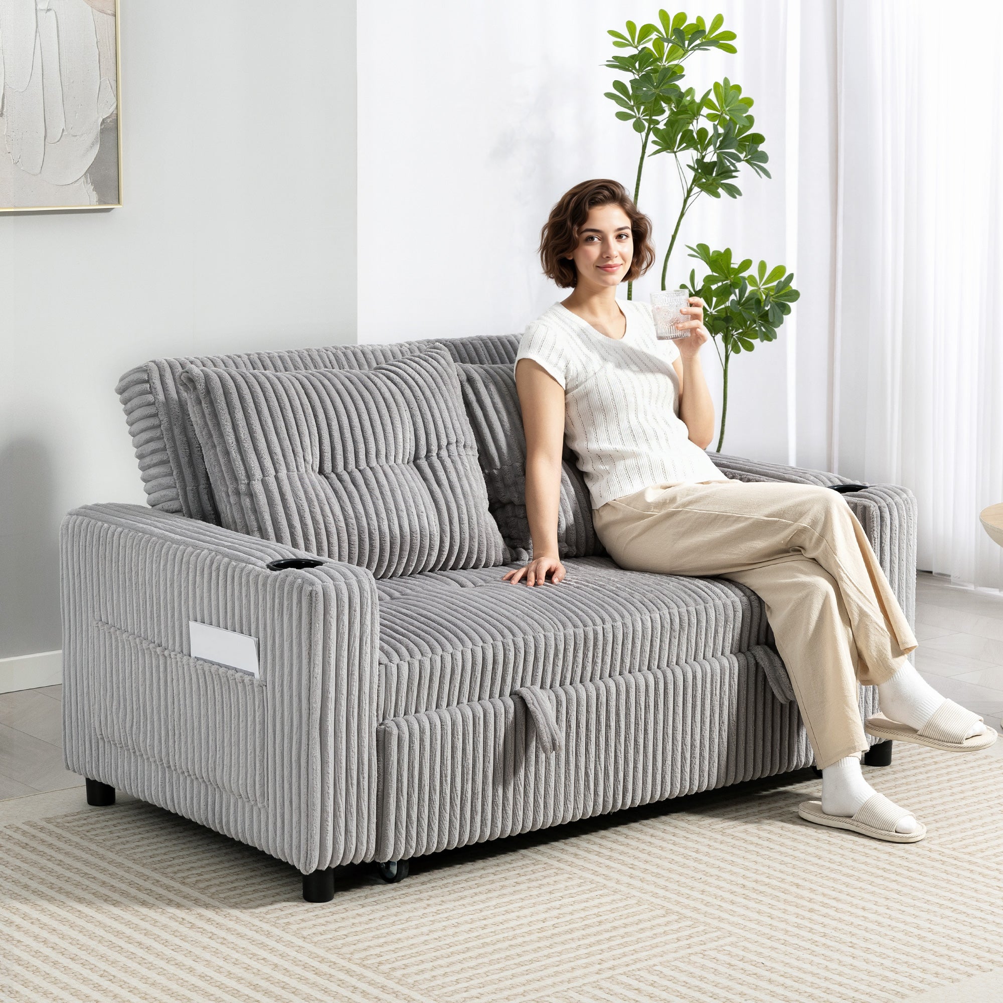 2 Seater Click Clack Sofa Bed with Pull Out Design, Corduroy Upholstery - Light Grey