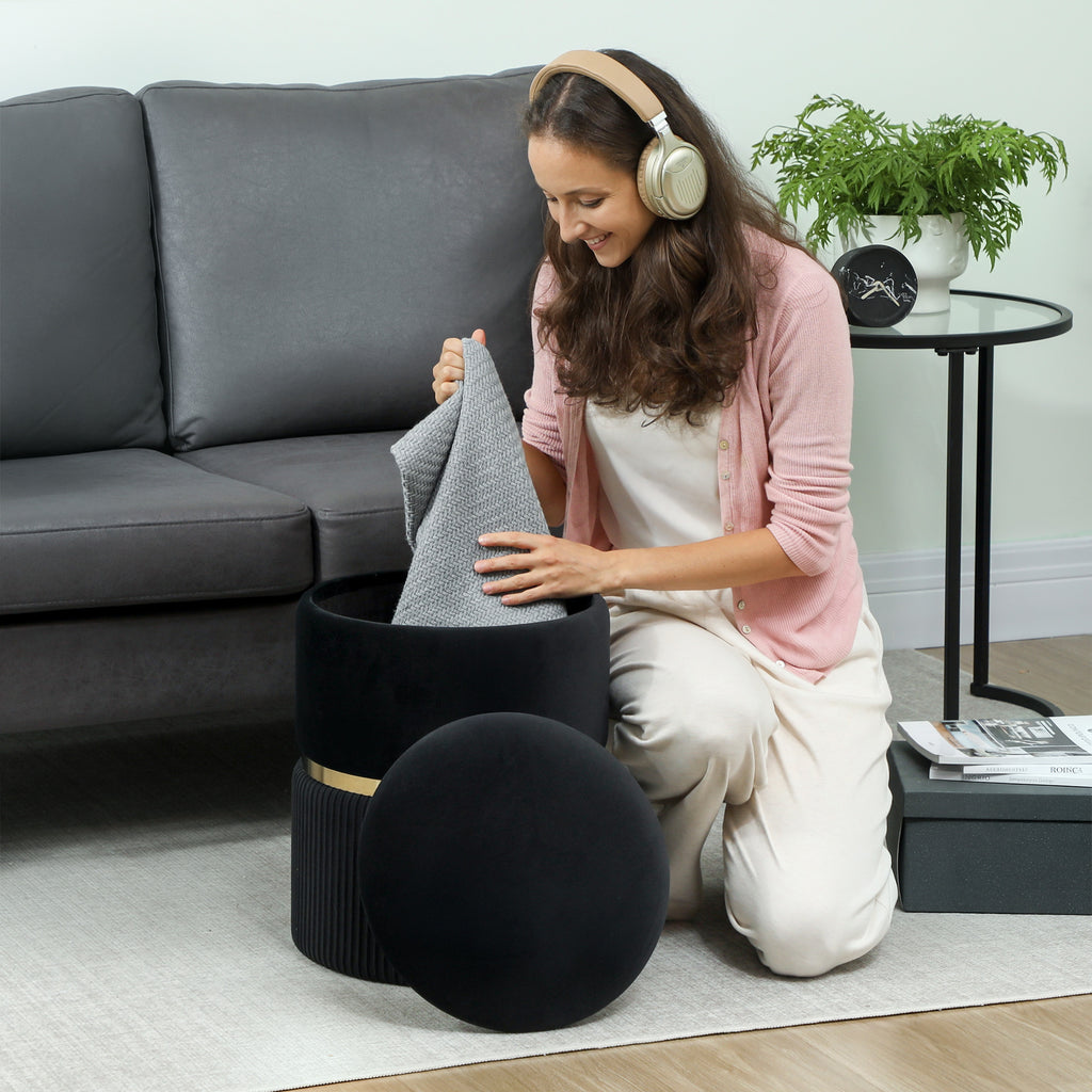 Velvet-Feel Storage Ottoman - Black
