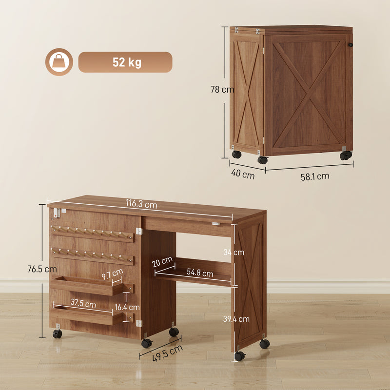 HOMCOM Folding Sewing Table, Rolling Craft Table with Storage compartments, Shelf and Lockable Casters for Small – view 3