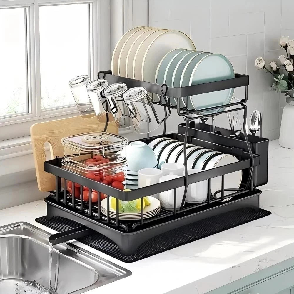 2 Tier Dish Drainer Rack with Cutlery Holder, Cup Rack & Board Holder