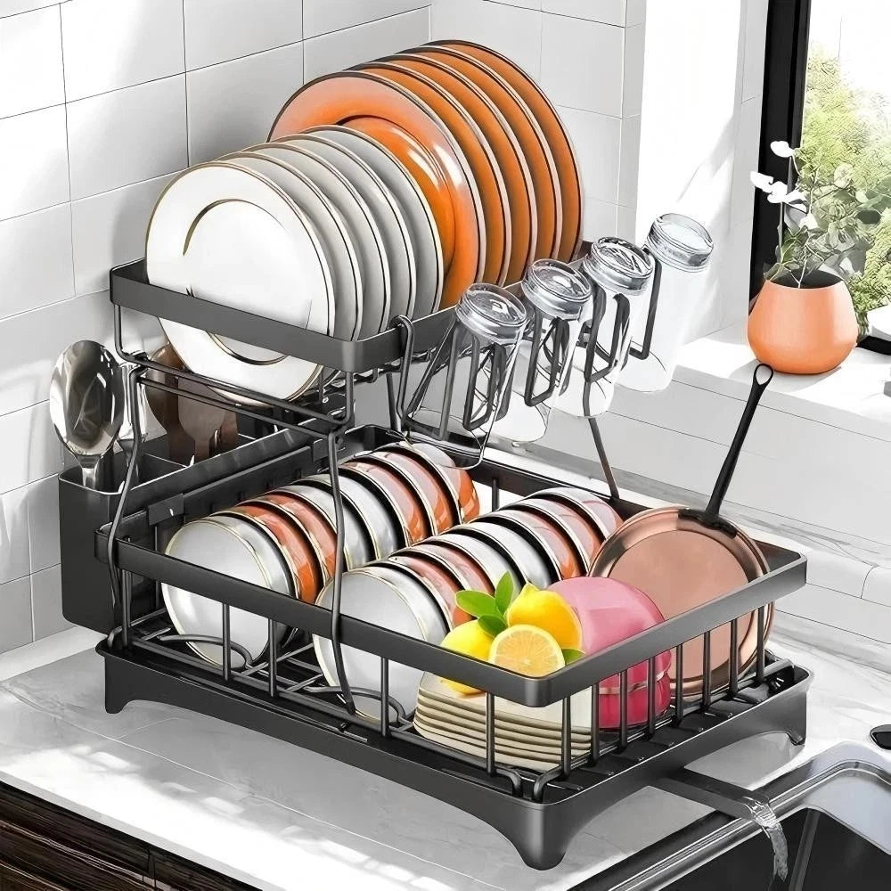 2 Tier Dish Drainer Rack with Cutlery Holder, Cup Rack & Board Holder