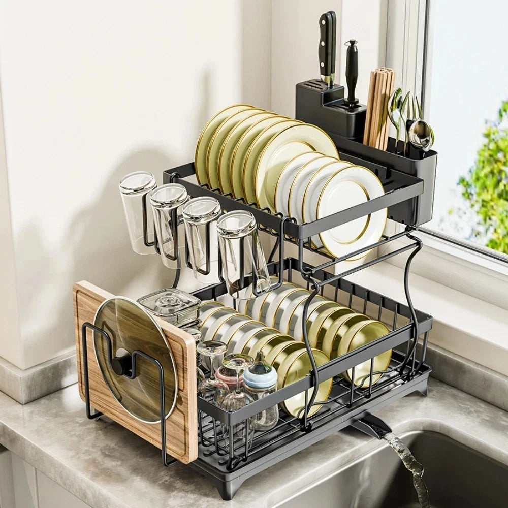 2 Tier Dish Drainer Rack with Cutlery Holder, Cup Rack & Board Holder