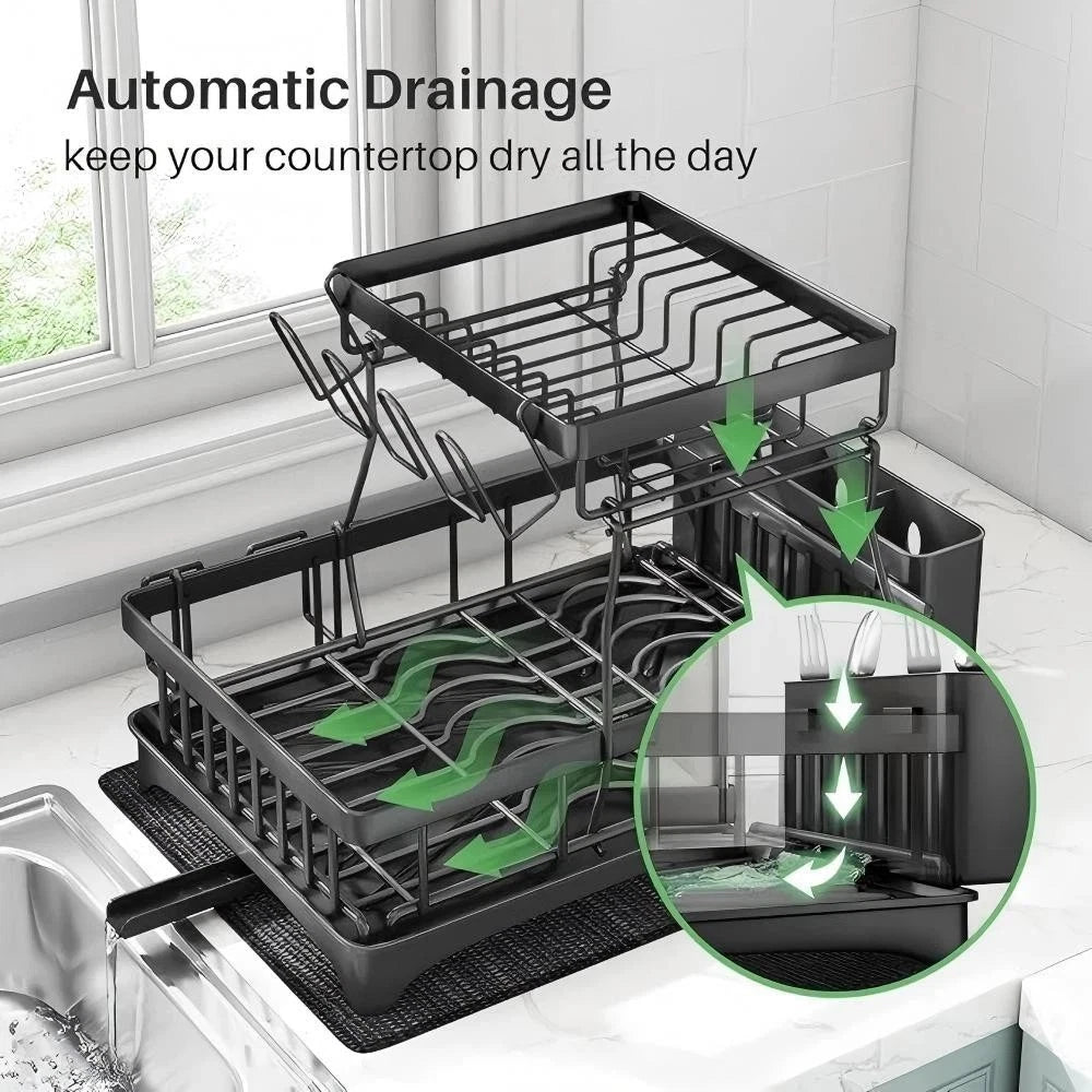 2 Tier Dish Drainer Rack with Cutlery Holder, Cup Rack & Board Holder