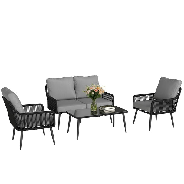 Black 4-piece rattan conversation set with grey cushions, wide loveseat, two armchairs and glass coffee table